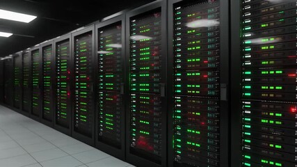 Office server rack blinking with LED lights - Powered by Adobe