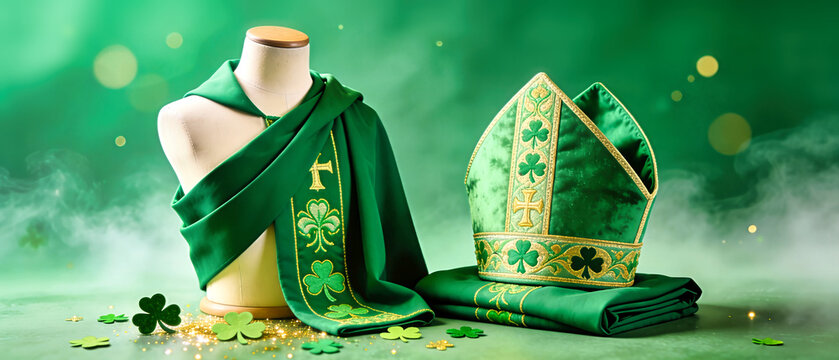 Saint Patrick's Day banner with green bishop mitre and cloak. Emerald vestments with gold shamrock embroidery and confetti. Religious Irish holiday background with copy space