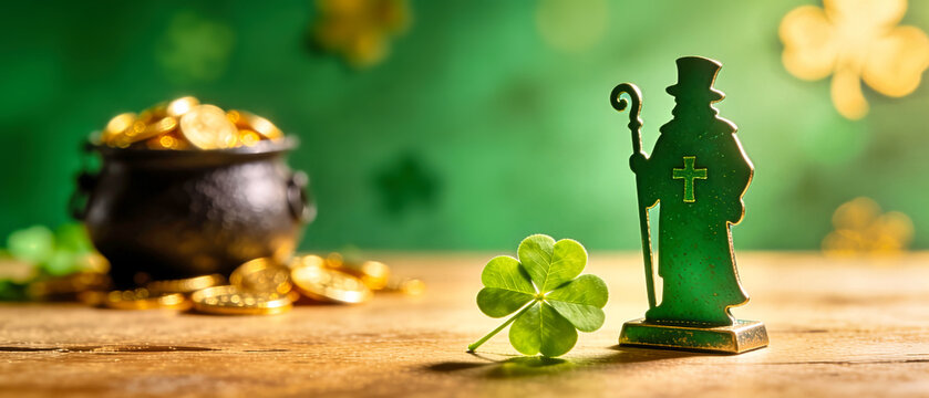 St. Patrick's Day banner with Saint Patrick figurine and four leaf clover. Pot of gold coins on wooden table background. Irish holiday celebration concept with copy space