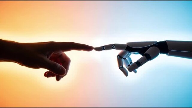 Human and robotic hands reaching towards each other in a symbolic gesture of connection and technological advancement in a futuristic scene viewed from the side