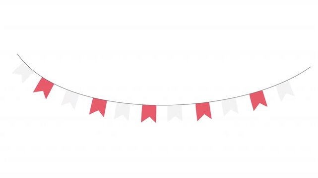 Garland of red and white flags. Animation of pennant decorations on a string, alpha channel. Cartoon