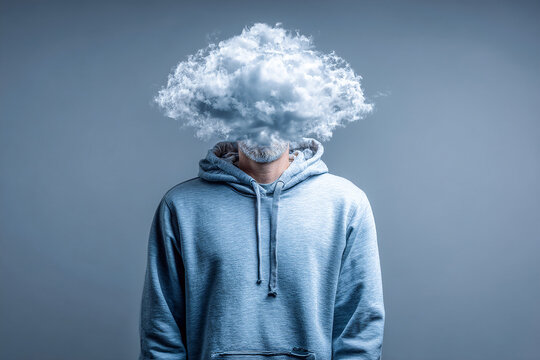 Person with cloud over head symbolizing overthinking in a calm environment Generative AI