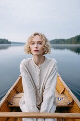 Young blonde woman sitting alone in wooden boat on quiet lake facing camera. Calm presence, self awareness and emotional balance in modern outdoor lifestyle