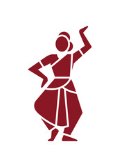 Fototapeta premium Indian classical dance vector icon featuring stylized kuchipudi or bharatanatyam dancer silhouette in red color traditional cultural art performance logo design