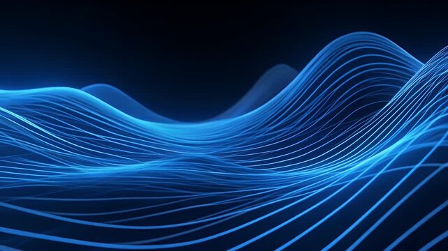 An abstract, digital artwork displays dynamic blue waves formed by interconnected lines. They ebb and flow across a dark background, evoking a sense of fluidity and movement
