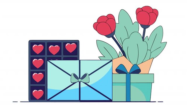 Valentine Day card with a bouquet of flowers. Animated Valentine's Day envelope with roses, alpha channel. Cartoon