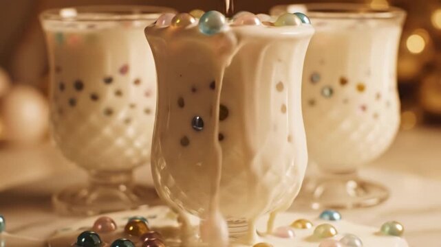 Three glasses filled with creamy dessert and colorful candy beads on a festive table setting captured from a close-up viewpoint