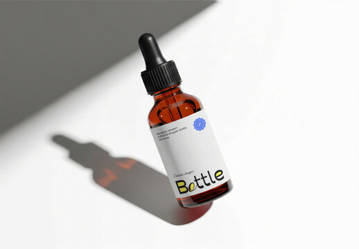 Realistic Amber Glass Dropper Bottle Mockup