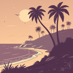Obraz premium Calm island dusk landscape with a limited palette of vector colors, evoking a serene atmosphere