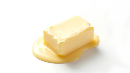 A block of butter slightly melting, creating a glossy puddle on a clean white surface, highlighting its rich texture and color.
