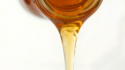 A close-up image of golden syrup or honey pouring from a container, showcasing its thick, viscous texture and shiny surface against a white background.
