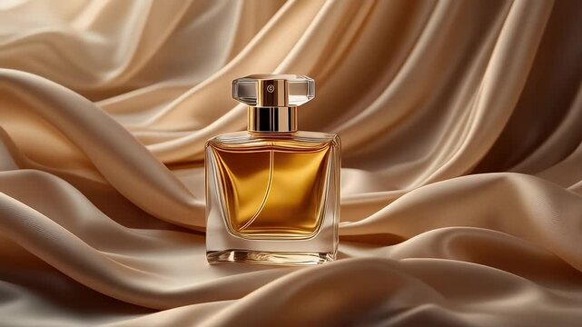 Elegant perfume bottle on silk fabric background.