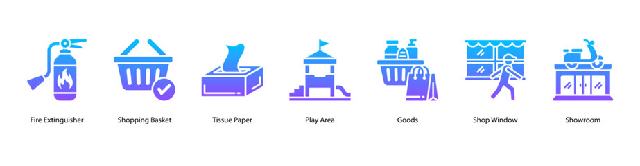 Store Goods web banner vector illustration featuring Fire Extinguisher, Shopping Basket, Tissue Paper, Play Area, Goods, Shop Window, and Showroom.