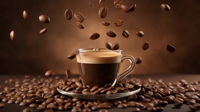 Fresh coffee beans pouring into a glass cup.
