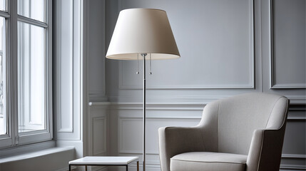 Minimalist shot of a designer lamp  on a side table next to a soft armchair, Premium Interior Design concept, statement lighting, architectural detail,