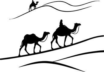 Camel Caravan in Desert Black Silhouette Illustration