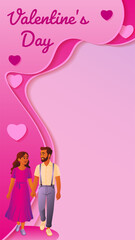 Romantic couple with decorative heart. Valentine Day cards, posters, love-themed vector designs. Vertical isolated vector illustration.