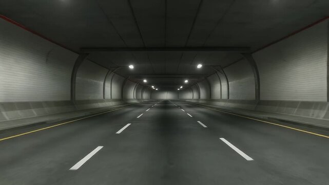 An interior tunnel shot with a long, dark asphalt road, marked by white lines, leading into the distance. Lights line the ceiling