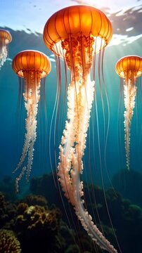 A pod of golden jellyfish swimming gracefully through the clear, turquoise ocean waters near a vibrant coral reef in the ocean.