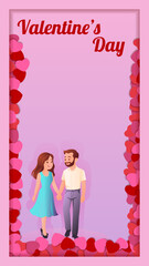 Romantic couple holding hands. Heart background. Valentine Day cards, posters, love-themed vector designs. Vertical isolated vector illustration.