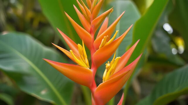 An overhead shot of a vibrant, tropical bloom with long, orange petals and yellow accents, set against a backdrop of lush green foliage