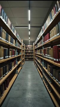 Books on shelves in a long library corridor view
