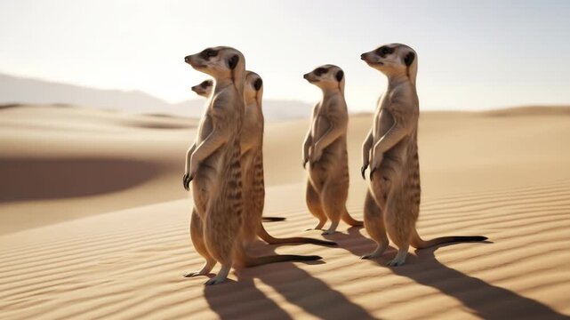 A group of meerkats standing alert in the vast, sun-drenched desert landscape, observing their surroundings with keen eyes.