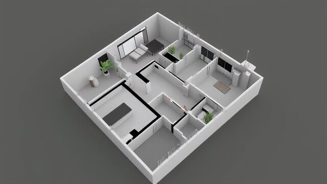 Top view of a white apartment floor plan model.