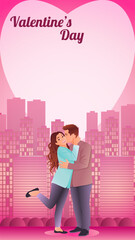Romantic couple kissing against city skylinewith a heart-shaped background. Valentine Day design with copy space. Vertical vector illustration.