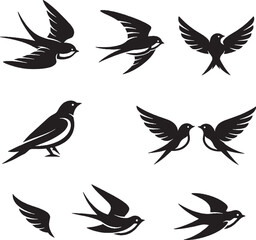 Obraz premium Swallow and Bird Silhouette Tattoo Icon Set Black and White
