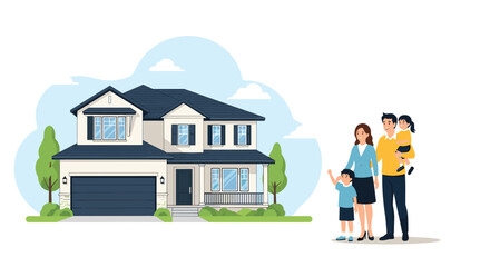 Happy multi-generational family standing together on the green lawn in front of their beautiful new suburban home.