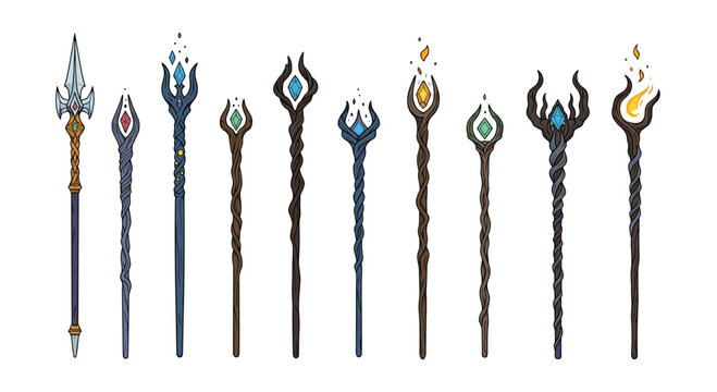Selection of magical fantasy staves and wands featuring glowing crystals and organic twisted dark wood designs.