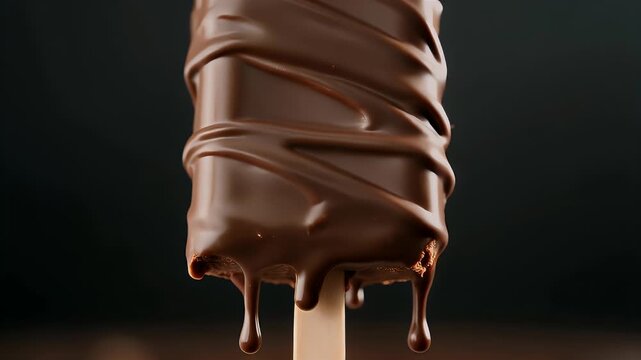 Close-up of a chocolate-covered frozen treat, melting and dripping. Chocolate coating wraps a square shape on a wooden stick against a dark background