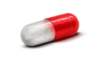 Closeup macro photo of an antiviral capsule on transparent background, half red opaque shell half clear showing white powder filling inside, detailed pharmaceutical product view.  ..