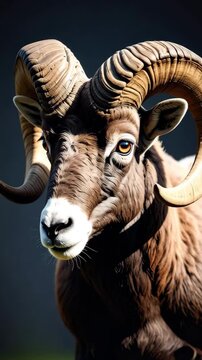 Close up portrait of a powerful ram with large, ridged horns and a thick, brown fur coat, illuminated against a dark background, eye contact