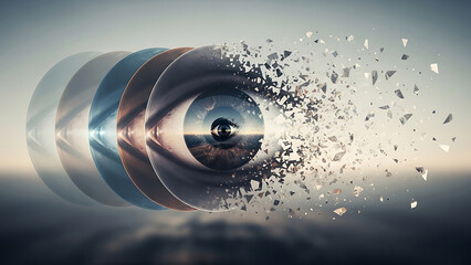 Shattered mirror with broken glass flying out from a reflective spherical surface showing a landscape inside on a cloudy background