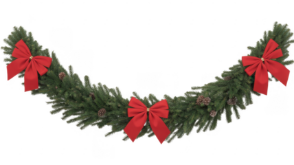 Christmas garland with red bows green leaves holiday decoration isolated on a transparent background