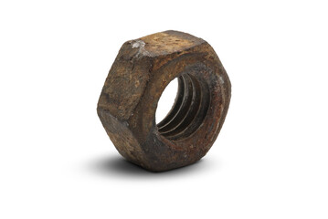 A macro closeup photo of a rusty and aged nut isolated on transparent background, highlighting detailed corrosion, rough texture and authentic industrial decay.  ..