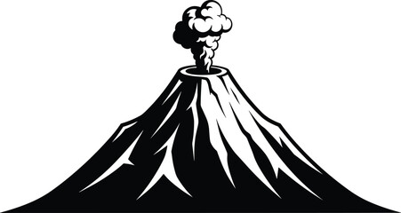 Black and white erupting volcano mountain vector illustration with smoke and ash clouds, dramatic natural disaster landscape icon isolated on a white background. © MstRujifa