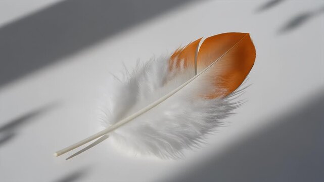 Close-up of a feather featuring vibrant orange and white hues. The feather lies on a white surface, with shadows cast across. Delicate textures are highlighted