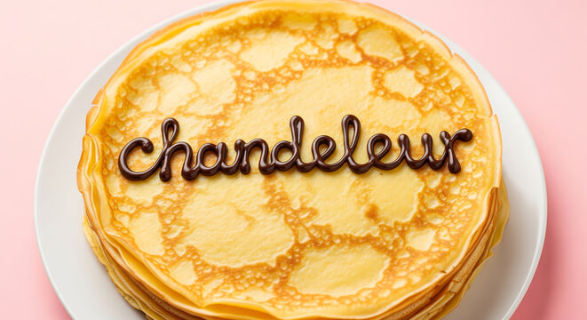 Delicious Pile of Pancakes with 'Chandeleur' in Chocolate on Pink Background - Perfect for Culinary Projects.