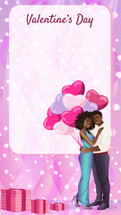 Black couple with heart-shaped balloons on a city waterfront with fireworks. Valentine Day design with copy space. Vertical vector illustration.