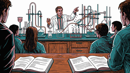 Science teacher explaining laboratory experiment to attentive students