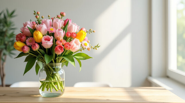 Spring Flower Bouquet in Glass Vase with Copy Space. Cozy Feminine Floral Banner for Women Day. Minimal Spring Flowers Still Life with Copy Space