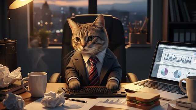 Feline Executive Analyzing Data on a Laptop at Night.