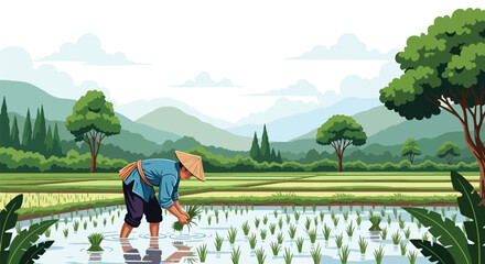 Vector illustration of an Asian farmer planting rice seedlings by hand in flooded paddies, showing traditional farming methods and sustainable rural lifestyle in flat vector design