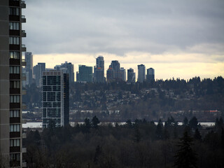 Cityscape with high-rise buildings on overcast sky background