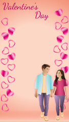 Loving couple with decorative hearts. Valentine Day cards, posters, love-themed vector designs. Vertical isolated vector illustration.