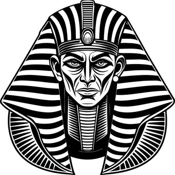 A black and white illustration of King Tutankhamun's burial mask.