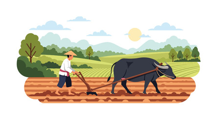 Vector illustration of an Asian farmer plowing a field using traditional methods, preparing fertile soil and supporting sustainable rural farming in flat vector style